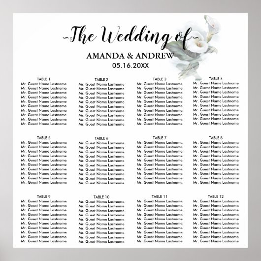 Elegant White Calla Lily Wedding Seding Chart Poster (Voorkant)