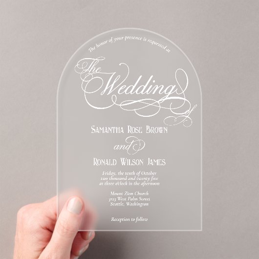 Elegant White Calligraphy Text Clear Wedding  Acryl Uitnodigingen (Insitu (Draagbaar))