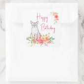Elegant White Cat en Garden Bouquet Vierkante Sticker (Tas)