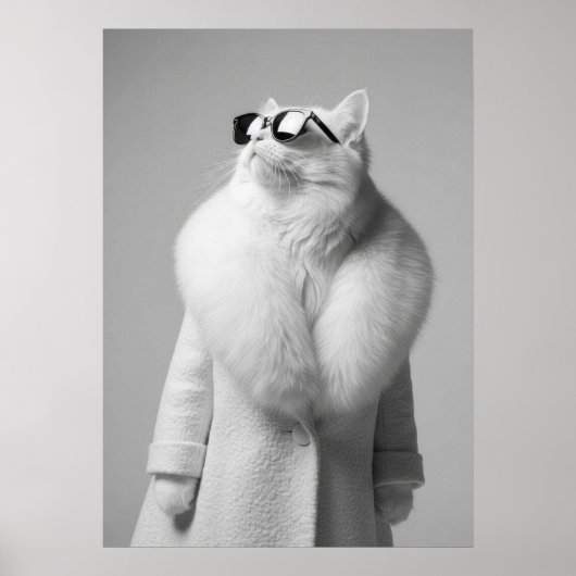 Elegant White Cat in Fur Collar Coat Sunglasses Poster (Voorkant)