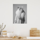 Elegant White Cat in Fur Collar Coat Sunglasses Poster (Keuken)
