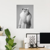 Elegant White Cat in Fur Collar Coat Sunglasses Poster (Thuiskantoor)