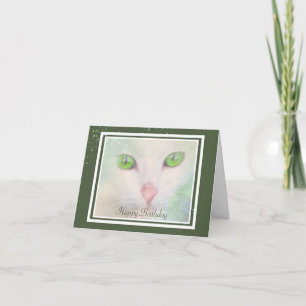 Elegant White Cat met Green Eyes Birthday Card Kaart