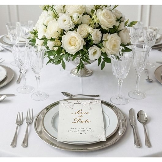 Elegant White Cherry Blossom & Gold Script Save The Date