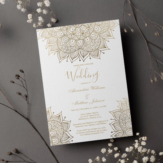 Elegant white chic gold floral mandala Wedding Kaart