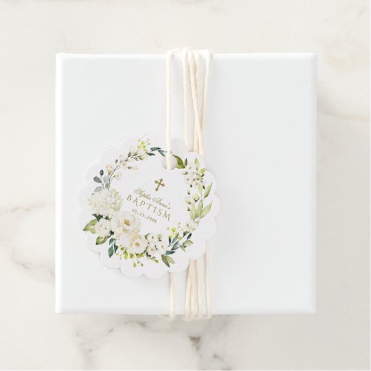 Elegant White Cream Flowers Gold Cross-Baptisme Bedankjes Labels (In situ)