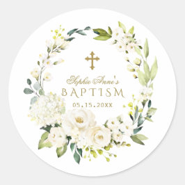 Elegant White Cream Flowers Gold Cross-Baptisme Ronde Sticker