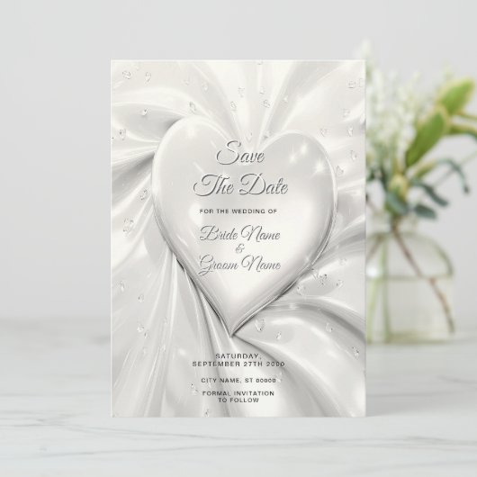 Elegant White Cream Heart Bewaar de datum Save The Date (Staand voorkant)