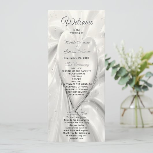 Elegant White Cream Heart Wedding Programma Programmakaart (Staand voorkant)