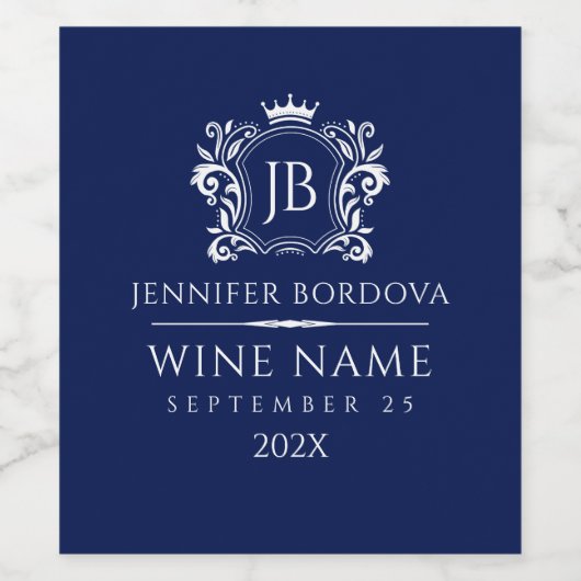 Elegant White Crown Frame On Custom Blue Wijn Etiket (Enkel label)
