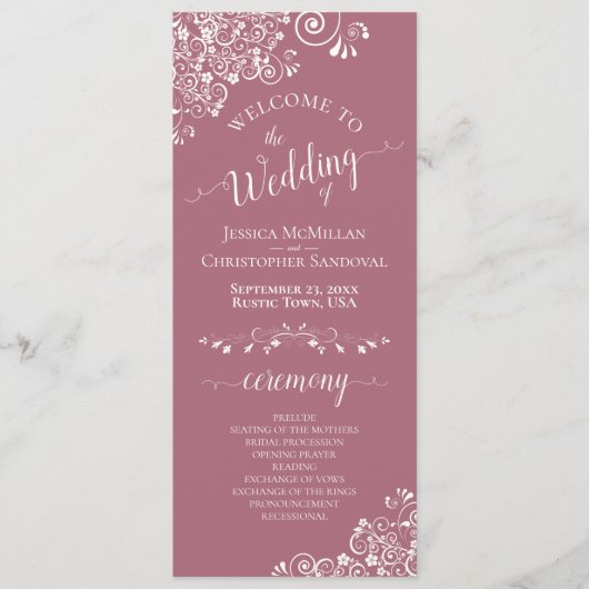 Elegant White Curls on Dusty Rose Fancy Wedding Programmakaart (Voorkant)