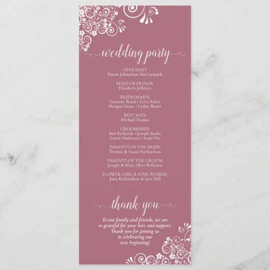 Elegant White Curls on Dusty Rose Fancy Wedding Programmakaart (Achterkant)