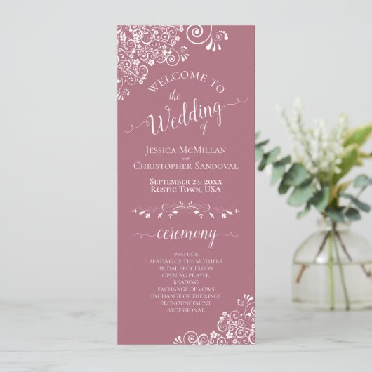 Elegant White Curls on Dusty Rose Fancy Wedding Programmakaart (Staand voorkant)