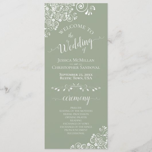 Elegant White Curls on Sage Green Fancy Wedding Programmakaart (Voorkant)
