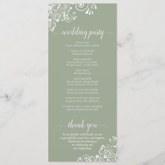 Elegant White Curls on Sage Green Fancy Wedding Programmakaart (Achterkant)
