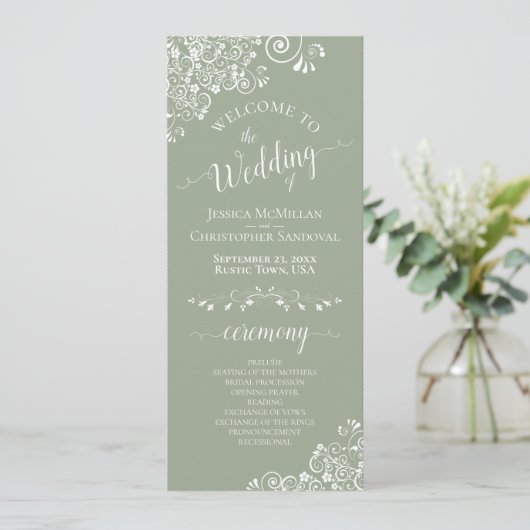 Elegant White Curls on Sage Green Fancy Wedding Programmakaart (Staand voorkant)