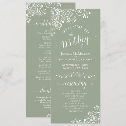 Elegant White Curls on Sage Green Fancy Wedding Programmakaart (Voorkant / Achterkant)