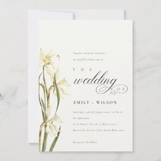 Elegant White Daffodil Waterverf Wedding Invite Bedankkaart (Voorkant)