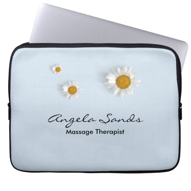 Elegant white daisies blue laptop sleeve (Voorkant)
