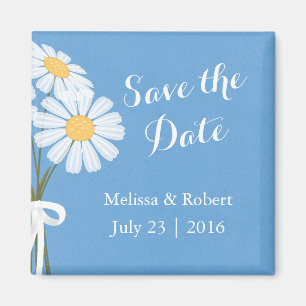 Elegant White Daisies Blue Save the Date Wedding Magneet