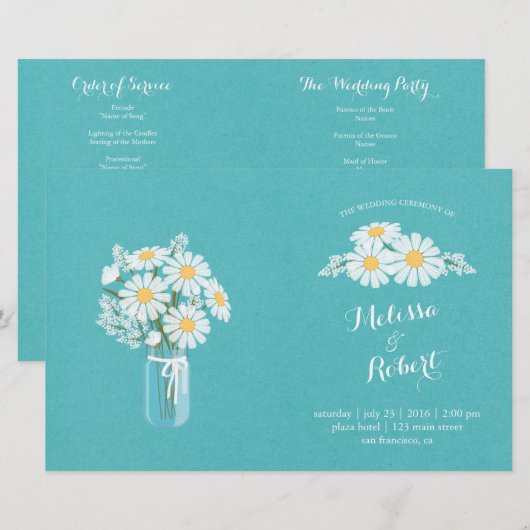 Elegant White Daisies Mason Jar Wedding Programme (Voorkant / Achterkant)