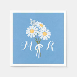Elegant White Daisies over Blue Monogram Wedding Servet