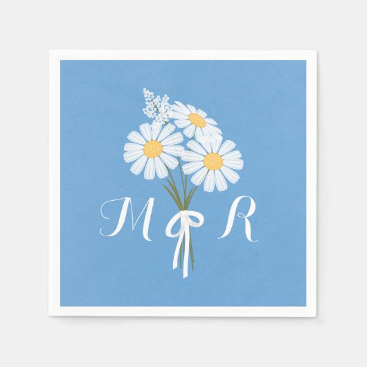 Elegant White Daisies over Blue Monogram Wedding Servet (Voorkant)