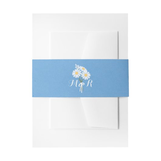 Elegant White Daisies over Blue Monogram Wedding Uitnodigingen Wikkel (Voorkant Voorbeeld)