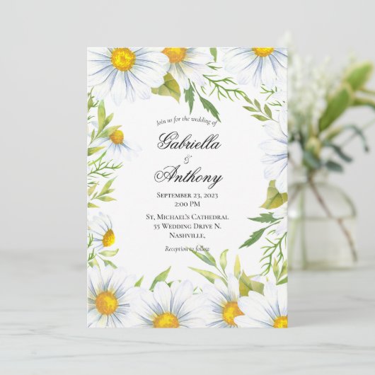 Elegant White Daisy Wedding Invitations Kaart (Staand voorkant)