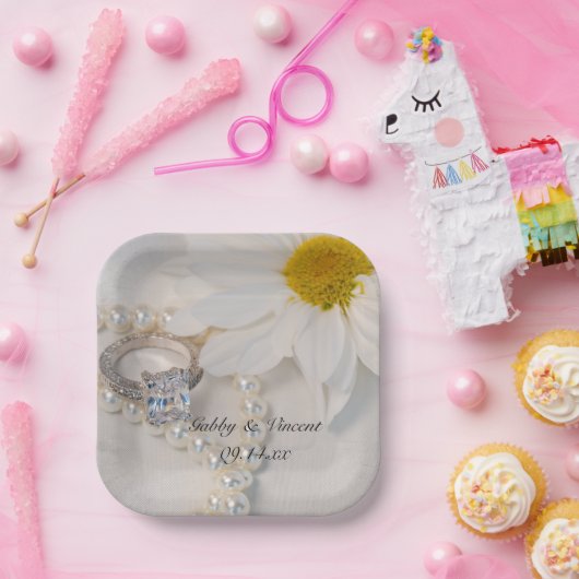 Elegant White Daisy Wedding Papieren Bordje (Feest)