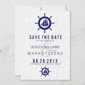 Elegant White Damascus & Blue Nautical Boat Wheel Magnetische Uitnodiging (Voorkant)