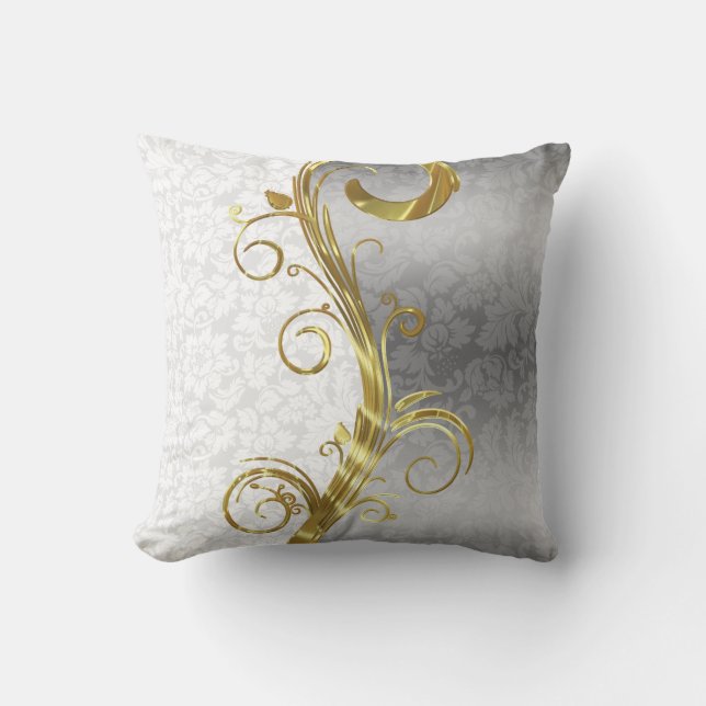 Elegant White Damasks Gold- en zilveren Zwirls Kussen (Voorkant)