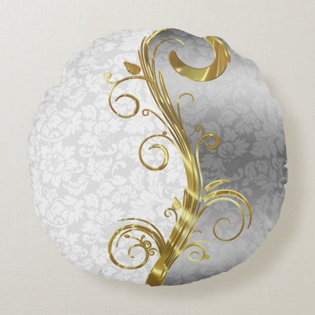 Elegant White Damasks Gold- en zilveren Zwirls Rond Kussen (Voorkant)