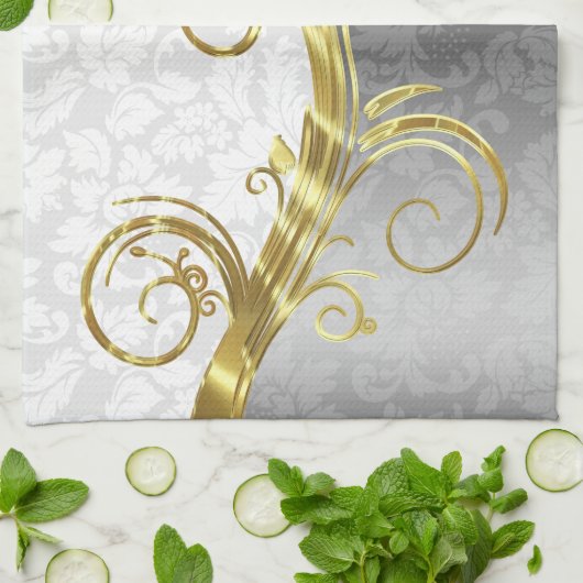Elegant White Damasks Gold- en zilveren Zwirls Theedoek (Gevouwen)