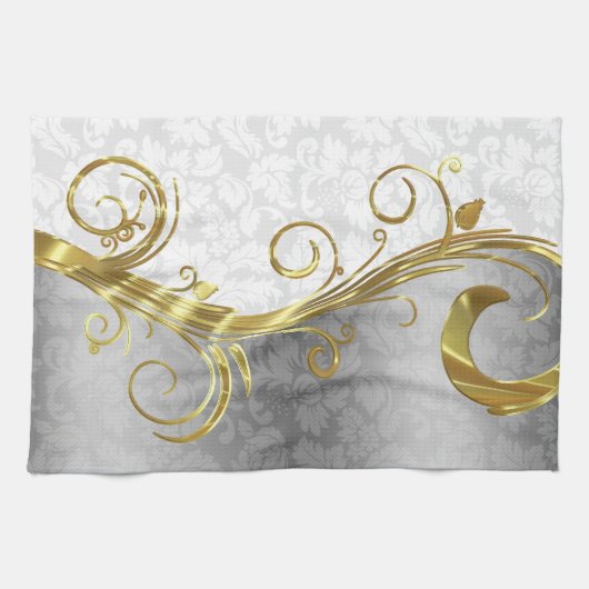 Elegant White Damasks Gold- en zilveren Zwirls Theedoek (Horizontaal)