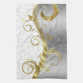 Elegant White Damasks Gold- en zilveren Zwirls Theedoek (Verticaal)