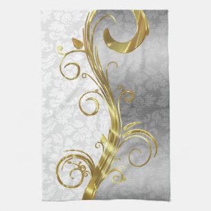 Elegant White Damasks Gold- en zilveren Zwirls Theedoek