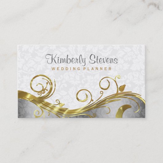 Elegant White Damasks Gold- en zilveren Zwirls Visitekaartje (Voorkant)