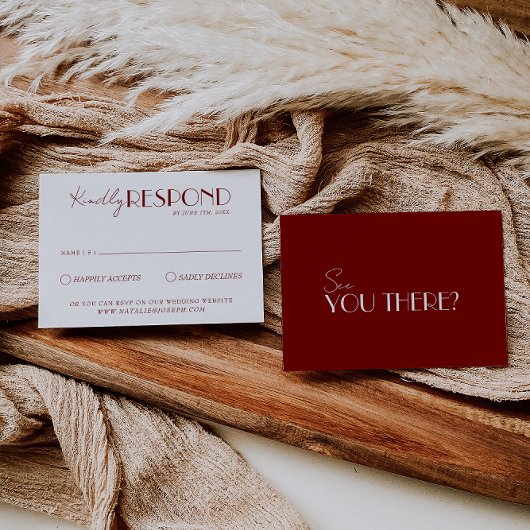 Elegant White Deep Red Burgundy Minimalist Wedding RSVP Kaartje