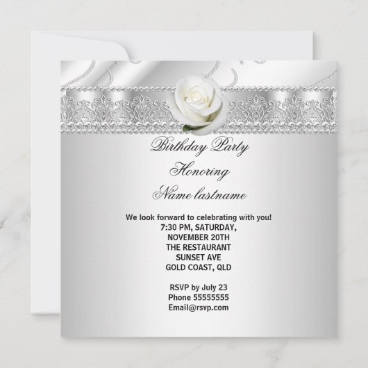 Elegant White Diamonds and Rozen Birthday Party Kaart (Achterkant)