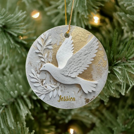 Elegant White Dove with Gold Customizable Name  Keramisch Ornament (Boom)