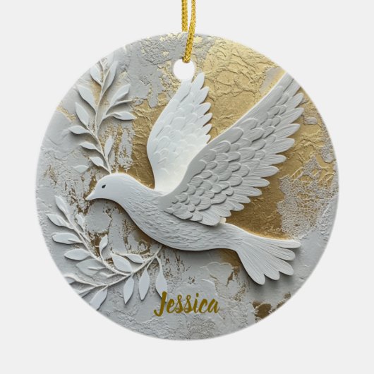 Elegant White Dove with Gold Customizable Name Keramisch Ornament (Voorkant)