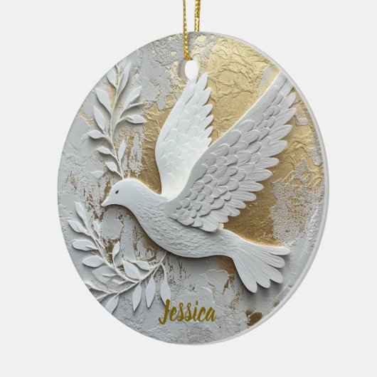 Elegant White Dove with Gold Customizable Name  Keramisch Ornament (Links)