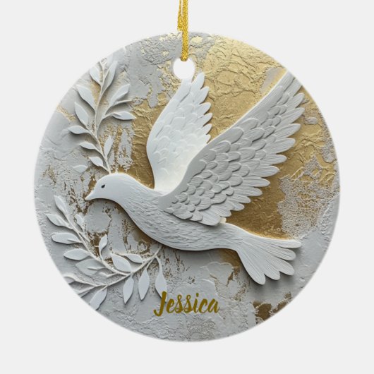 Elegant White Dove with Gold Customizable Name Keramisch Ornament (Achterkant)