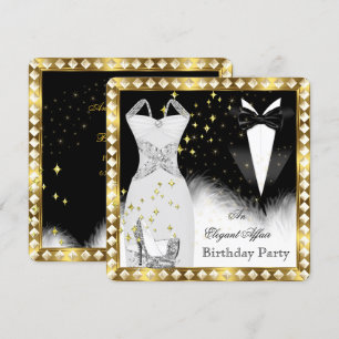 Elegant White Dress Black Stropdas Gold Birthday Kaart