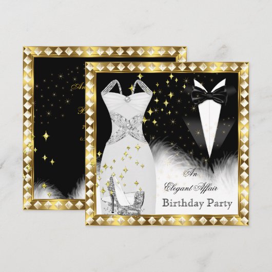 Elegant White Dress Black Stropdas Gold Birthday Kaart (Voorkant / Achterkant)