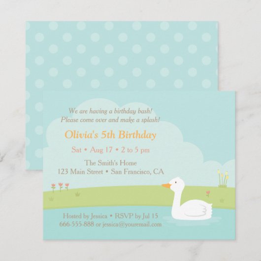 Elegant White Duck Birthday Party Invitations Kaart (Voorkant / Achterkant)