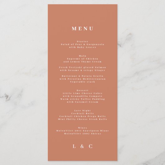 Elegant White Dusty Oranje + Terracotta Monogram Menu (Voorkant)