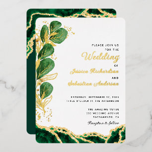 Elegant White Emerald Green & Gold Wedding Folie Uitnodiging