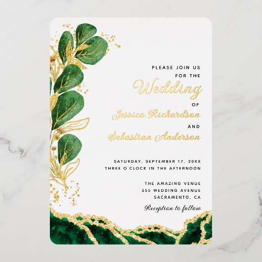 Elegant White Emerald Green & Gold Wedding Folie Uitnodiging (Voorkant)